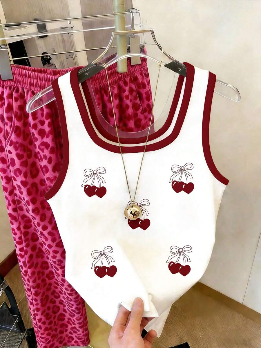 Top Esportiva Retrô Fofa com Estampa de Laço e Cereja, Contraste de Cor Vermelho, para Adolescentes - Multicolorido - Visão 1