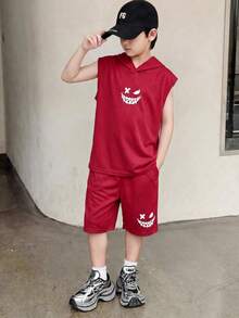 Bộ 2 món đồ chơi trẻ em trai tuổi teen, họa tiết mặt cười, kiểu dáng rộng rãi, áo hoodie và quần short, phong cách thường ngày. - Đỏ - Xem 4