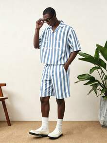 STYNVO Men's Summer Casual Striped Shirt And Shorts Set - Multicolor - View 1