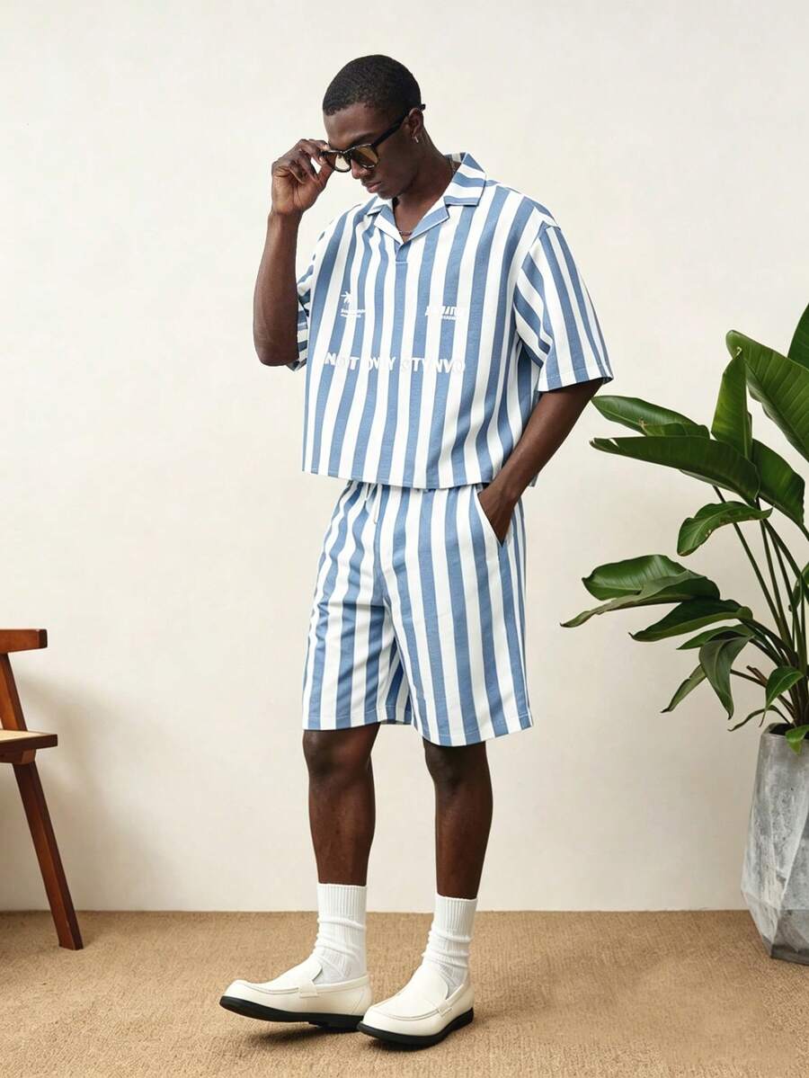 STYNVO Men's Summer Casual Striped Shirt And Shorts Set - Multicolor - View 1