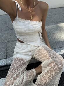 DAZY Spring/Summer Women's Textured Fitted Camisole Top & Loose Pants 2 Pieces Set Lounge Sets For Women - White - View 1
