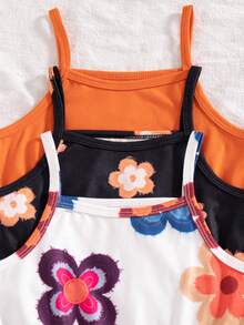 SHEIN Playful Pals 3件組少女夏季2025新款花卉印花與純色連身褲，簡約時尚度假風 - 彩色 - 查看 3