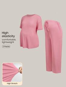 SHEIN 2pcs Maternity Set: Solid Color Short Sleeve Top And Adjustable Waist Casual Business Casual Pants Loungewear Summer - Pink - View 12