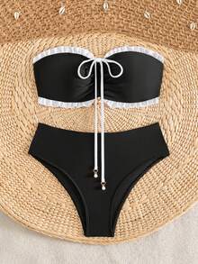 SHEIN Swim Women's Black And White Striped Summer Cute Beach Holiday Strapless Ruffled Bikini Set With Delicate Pearl Pendant And Drawstring Tie Elegant - Black and White - View 3