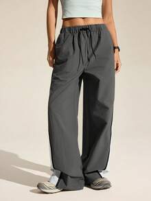 In My Nature Women's Contrast Color Drawstring Waist Pocket Wide Leg Hiking Pants - Grey - View 3