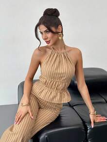 Firerie Bộ đồ 2 mảnh màu nâu dành cho nữ, thanh lịch, thường ngày, gợi cảm, thích hợp cho kỳ nghỉ, lễ hội âm nhạc, tiệc tùng. Bộ gồm áo hai dây buộc cổ sau lưng kẻ sọc và quần dài cạp cao. - Màu Khaki - Xem 9