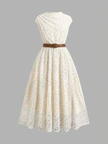 SHEIN Vestido de encaje con cuello alto, cintura con volantes y línea A casual y elegante para niña preadolescente - Albaricoque - Ver 4