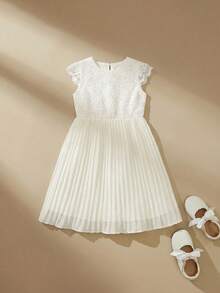 SHEIN 1 chiếc đầm công chúa ren khoét lỗ cho bé gái, chất liệu chiffon Pháp, thích hợp cho các bữa tiệc và mặc mùa hè. - Màu be - Xem 4
