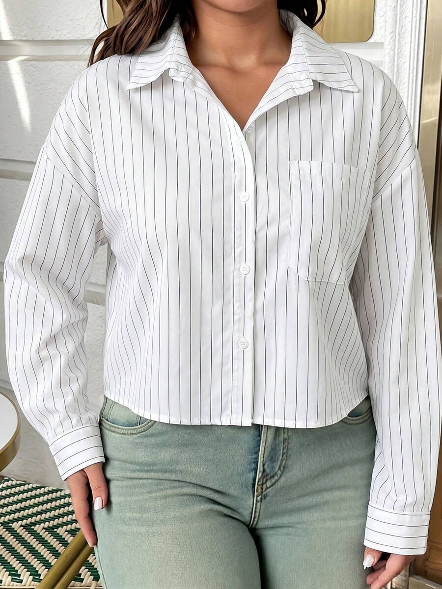 EMERY ROSE Plus Size Women's Versatile Vacation Striped White Shirt - White - View 1