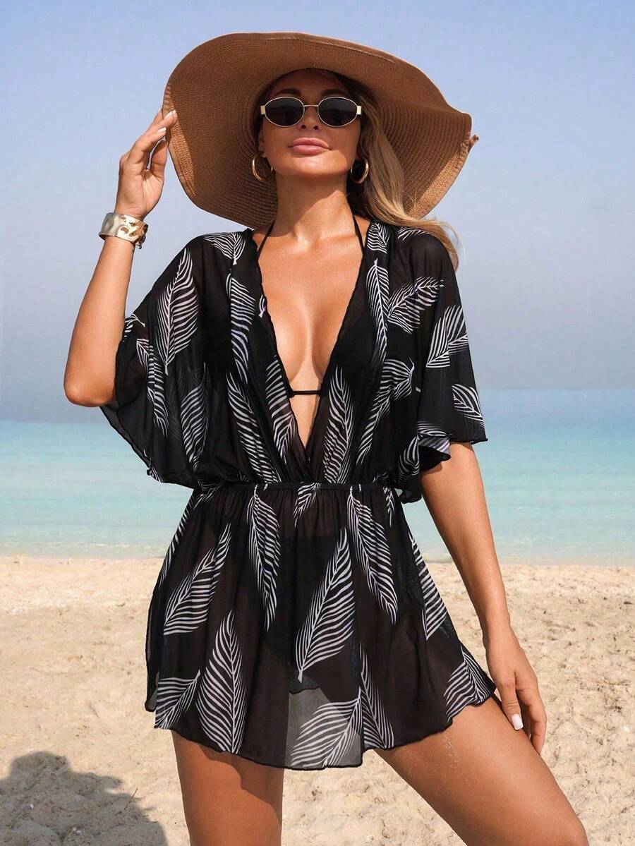 Swim Lushoire 1pc Women Beach Cover Up, Leaf Branch Mesh Pattern, Casual Home Beach Pool Holiday, Spring/Summer - Multicolor - View 1