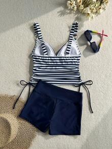 Swim Lushoire Bộ đồ bơi nữ gồm áo tankini kẻ sọc, dây rút phía trước và quần short màu xanh navy. - Màu xanh hải quân - Xem 2