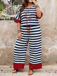 SHEIN LUNE 2件套加大码女式黑白条纹印花母亲节圆领短袖上衣和裤子套装，适合节日、夏季、90年代风格、街头风、波西米亚风、复古风、锐舞派对等各种场合。 - 彩色 - 查看 1