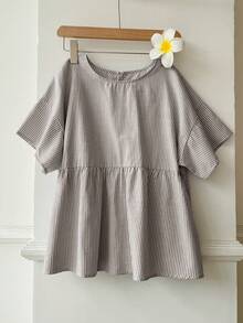 SHEIN EZwear 女士时尚圆领条纹梭织衬衫，日常百搭 - 咖啡棕 - 查看 12