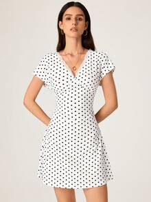 SHEIN BASICS Đầm ngắn tay cổ chữ V ôm sát, viền ren, chấm bi dành cho nữ - Đen và trắng - Xem 3