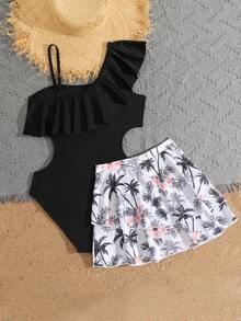 SHEIN 少女纯色荷叶边不对称领口连体泳衣，带印花裙摆两件套 - 黑色 - 查看 3