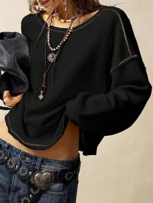 Bohemela Women's Casual Solid Color Knit Crew Neck Long Sleeve Loose Washed T-Shirt,Fall,Fall Clothes For Women,Women's Winter Clothes - Black - View 7