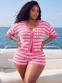 Veslaya Plus Size Women's Pink Hollow Knit Cardigan Shorts Set, Spring Summer Smart Casual Cute Vacation Music Festival Beach Cruise Travel Outfits - Multicolor - View 6