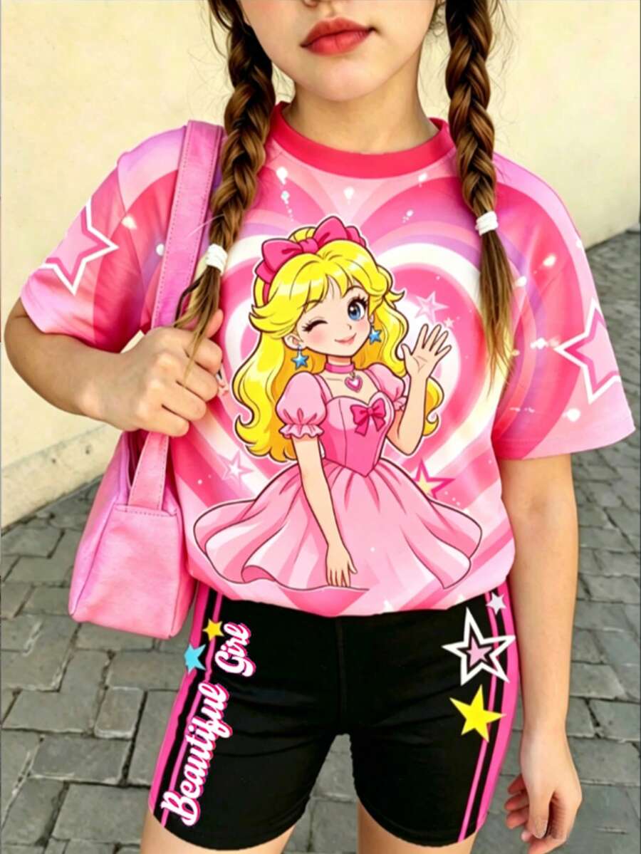 Young Girl' Colorful Round Neck Short Sleeve T-Shirt And Shorts Set - Multicolor - View 1