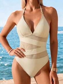 Bonvoyette Women's Sexy One-Piece Swimsuit With Metallic Decor, V-Neck And Sheer Splice Design, Suitable For Beach Vacation - Apricot - View 4