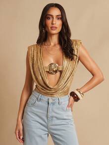 Silquee Body femme à col V profond avec imprimé feuille d'or, style plage d'été métallique des années 70, tenue élégante et stylée à larges épaules pour soirée et sortie - Doré - Voir 6