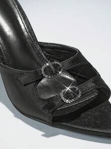 SHUZIA Women Elegant Pointy Toe Rhinestone Buckle Slip-On Heel Sandals - Black - View 4
