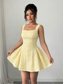 Elenzga Plus Size Women Casual Elegant Square Neck Dress - Yellow - View 8