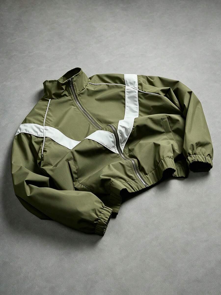 PAVTROS Men's Stand Collar Contrast Color Zip-Up Jacket Football - Army Green - View 1