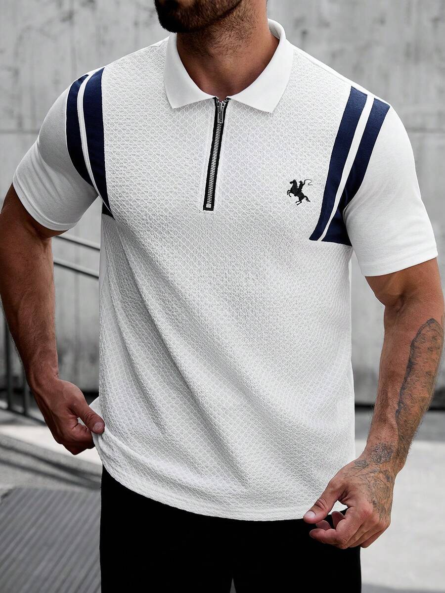 Manfinity Mode 男士时尚百搭拉链半开襟条纹短袖 Polo 衫 - 白色 - 查看 1