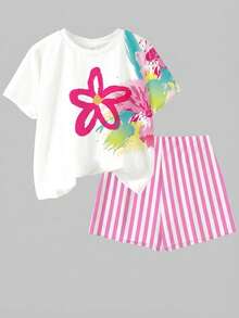 2pcs Tween Girls Casual Floral Print Short Sleeve Top And Shorts Set, Suitable For Summer - Multicolor - View 3