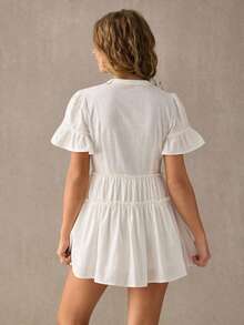 WESTFADE V Neck Button Front Short Sleeve Drop Waist 100% Cotton Fit & Flare Ruffle Mini Dress Spring, Summer, Casual, Coastal, Cowgirl, Boho, Vacation, Beach, Western Wear, Nashville, Rodeo Outfit, Country Concert - White - View 2