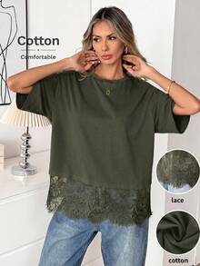 Easowa Black Short Sleeve Round Neck Lace Hem Loose T-Shirt For Women,Summer Top - Army Green - View 2