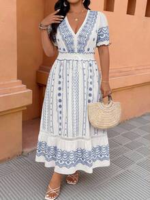 Ceyna Plus Size Women's Casual Elegant Floral Print V-Neck Short Sleeve Dress Bohemian Zanzea Dress For Woman - Blue and White - View 5
