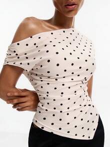 DAZY Women's Slim Fit Scoop Neck Polka Dot T-Shirt, Suitable For Spring And Summer - White - View 1