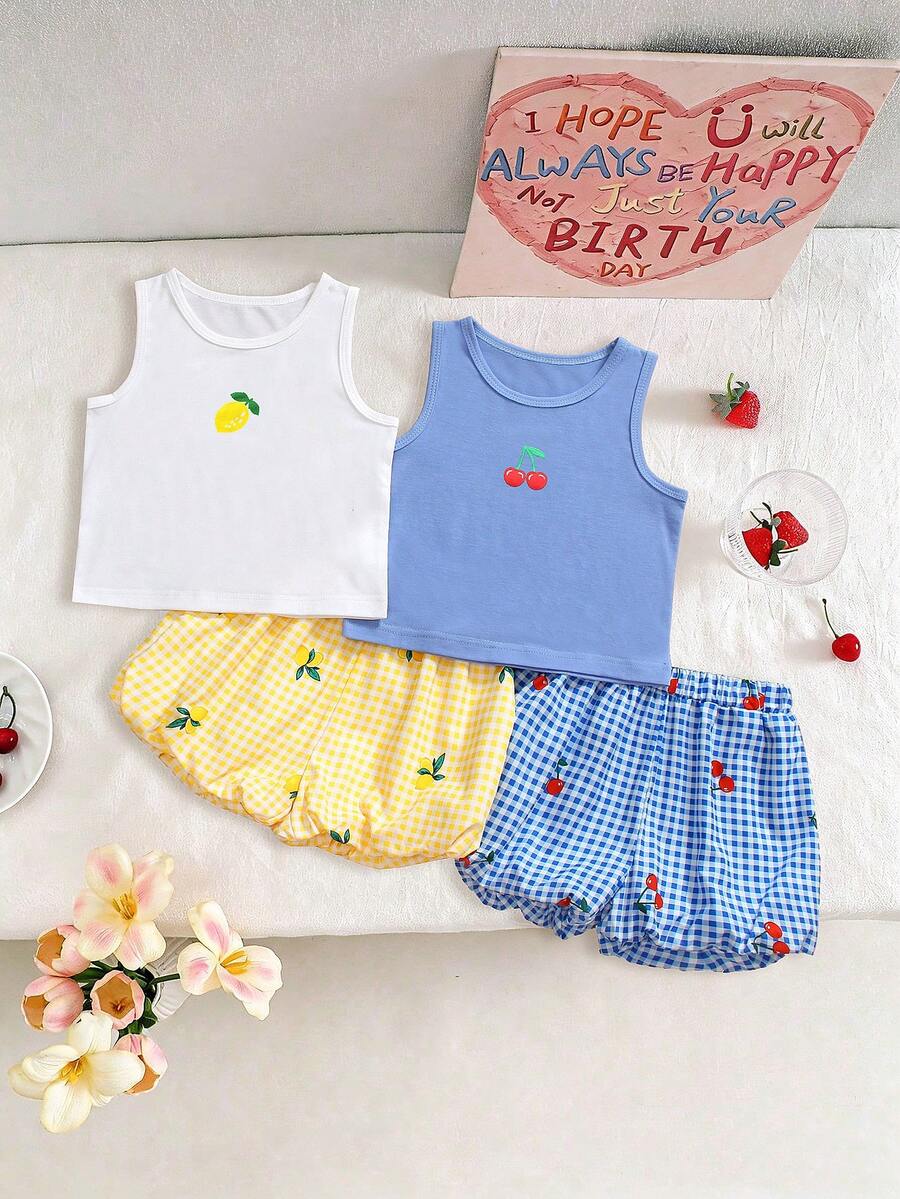 SHEIN Genkimix Kids 4件套女童甜美樱桃柠檬印花吊带背心，樱桃柠檬格纹荷叶边短裤，清新夏日度假风，适合海滩、旅行及其他夏季场合。