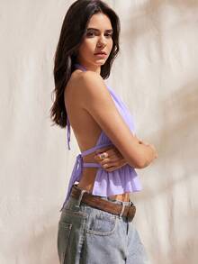 Easelle Women's Pleated Halter Tie Back Camisole, Lilac,Summer Top - Lilac Purple - View 6