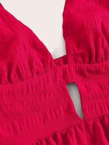 Pariaura Vestido con dobladillo suelto de parches y corbata al cuello, estilo sencillo y casual para vacaciones para mujeres - Rojo - Ver 3