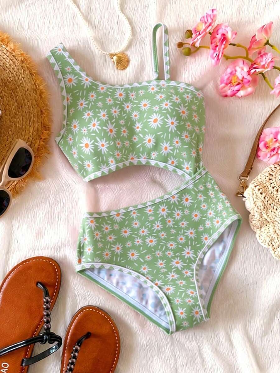 SHEIN Bộ đồ bơi liền thân cho bé gái tuổi teen, dễ thương, màu xanh lá cây in hoa, kiểu dáng bất đối xứng, dây đeo vai khoét eo, viền xanh, thời trang thanh lịch, phù hợp cho bơi lội, kỳ nghỉ hè, bãi biển, hồ bơi, tiệc tùng. - màu xanh lá - Xem 1