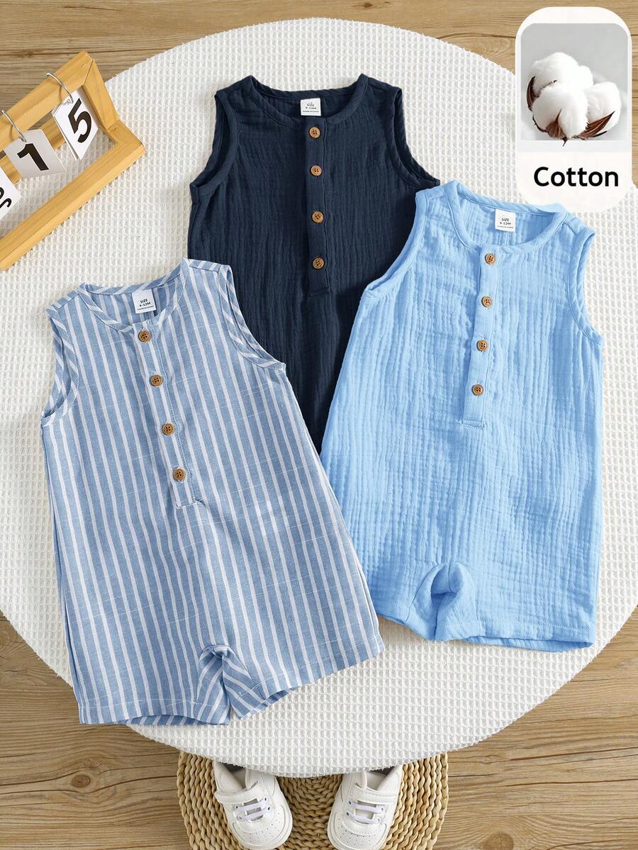 SHEIN 3pcs Set Baju Terusan Tanpa Lengan Bergaris Kasual Unisex untuk Bayi Baru Lahir & Celana Pendek Celemek, Cocok untuk Jalan-jalan dan Liburan - Biru - View 1