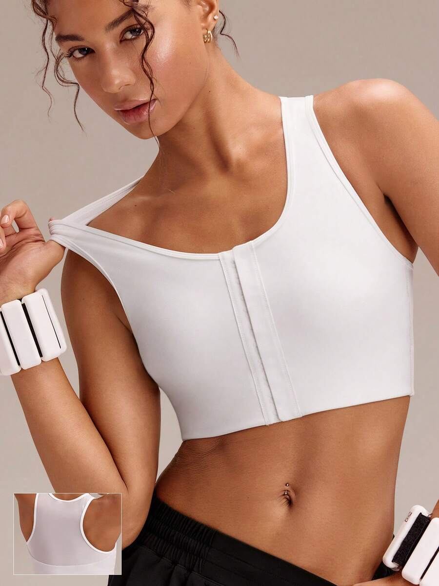 GLOWMODE FeatherFit™-Sculpt FlowFit Breathable Sweat-Wicking Stretchy Mesh Back Adjustable Crop Front Closure Sports Bra Running Workout Gym - White - View 1