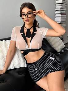 Fantasy Costume Fantasy Costume Bộ đồ lót gợi cảm chuyên nghiệp dành cho thư ký văn phòng gồm 4 món - Đen và trắng - Xem 3