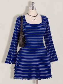 SHEIN ICON Plus Size Colorful Striped Backless Flare Sleeve Knit Dress - Royal Blue - View 1