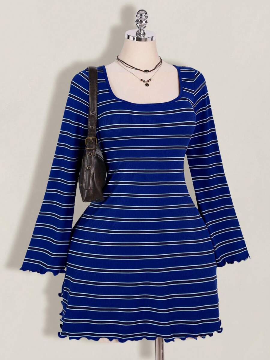 SHEIN ICON Plus Size Colorful Striped Backless Flare Sleeve Knit Dress - Royal Blue - View 1