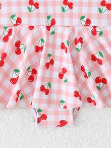 Baby Girls Cherry & Plaid Pattern Round Neck Long Sleeve Swimsuit And Hat Set - Multicolor - View 4