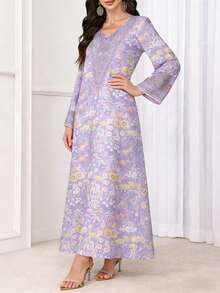 SHEIN Najma Plus Size Women's Dreamy Floral & Embroidery Print V-Neck Long Sleeve Elegant Arabic Style Maxi Dress, Spring/Summer - Multicolor - View 3