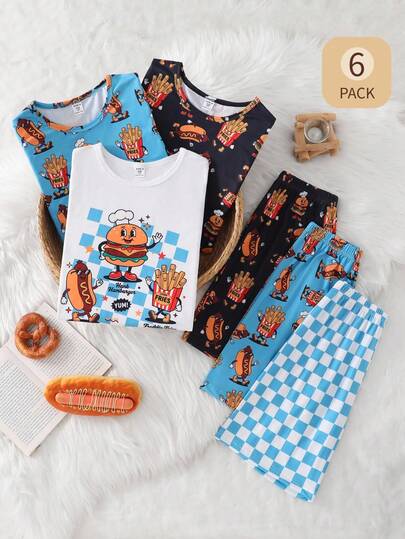 3pcs/Set Tween Boys Food Cartoon Hamburger, Fries, Hot Dog Print Plaid & Solid Color Short Sleeve Tops & Shorts