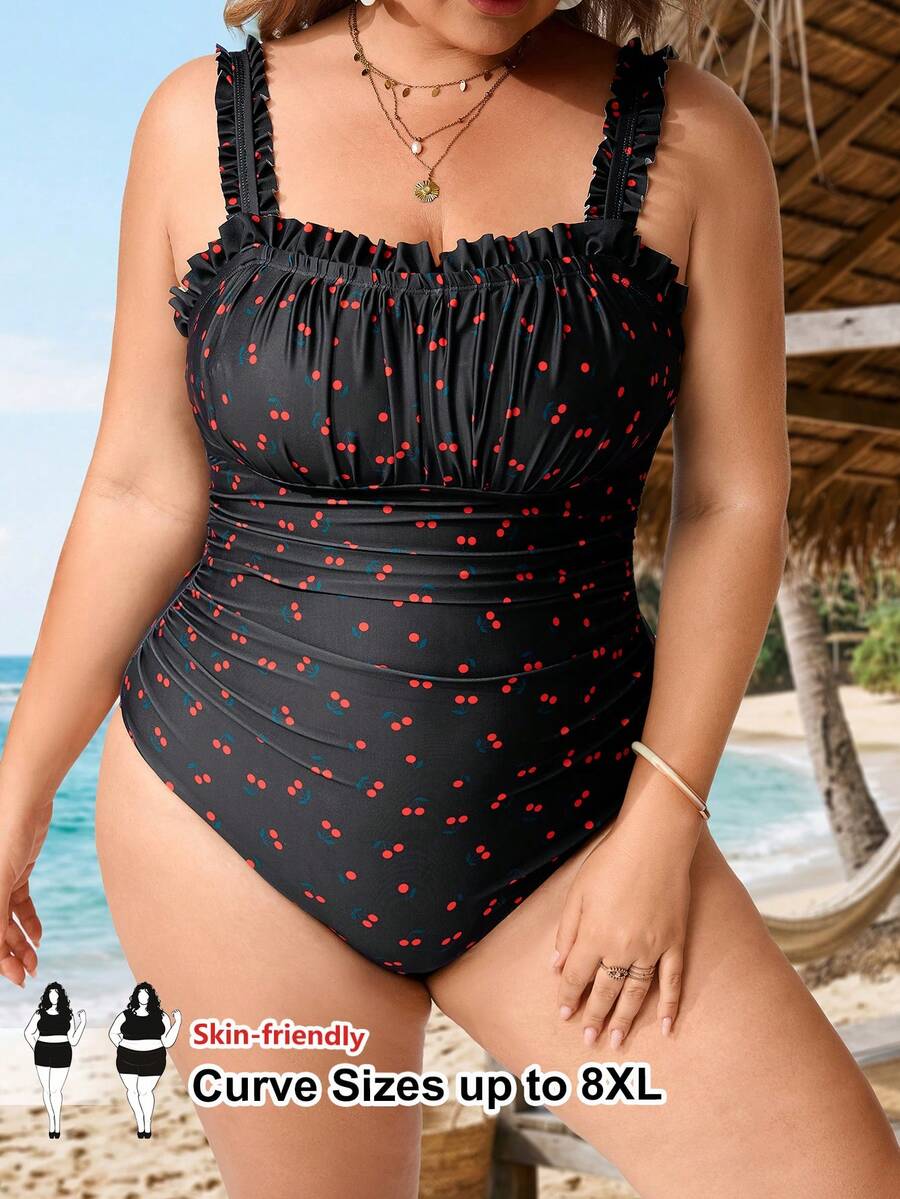SHEIN CURVE+ 2026 New Spring/Summer Plus Size Black Base Cherry Random Print One-Piece Swimsuit, Suitable For Beach, Resort - Multicolor - View 1