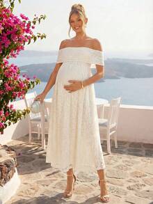 Loomaby Vestido minimalista de uso diario con hombros descubiertos, de unicolor y con aplicaciones de encaje para embarazadas - Caqui - Ver 7