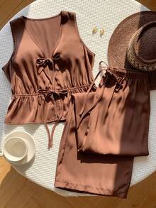 SHEIN Comfortcana Bộ đồ hai mảnh dành cho nữ - màu nâu - Xem 1