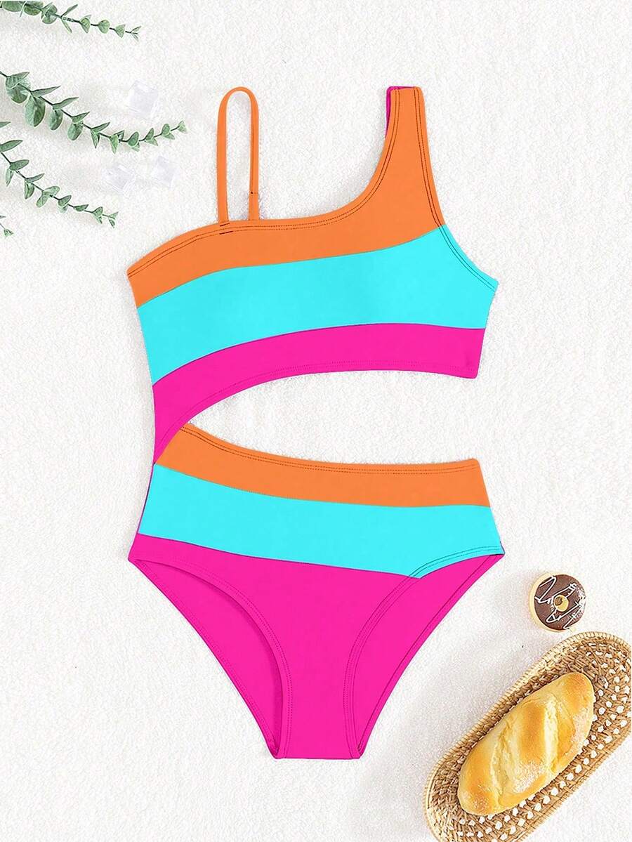 SHEIN Tween Girls' One-Piece Swimsuit Pink,Summer,Casual,Beach,Pool,Holiday Vibrant Color Block Diagonal Stripe One-Shoulder Adjustable Strap Bathing Suit - Multicolor - View 1