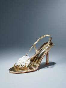 SHUZIA Sandales à talons stilettos avec décoration florale de perle et bride arrière, style élégant et minimaliste pour femmes - Doré - Voir 4